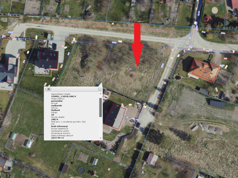 Działka budowlana nr 188/4 obręb 18 Malbork ul. Urocza pow. 1227 m2